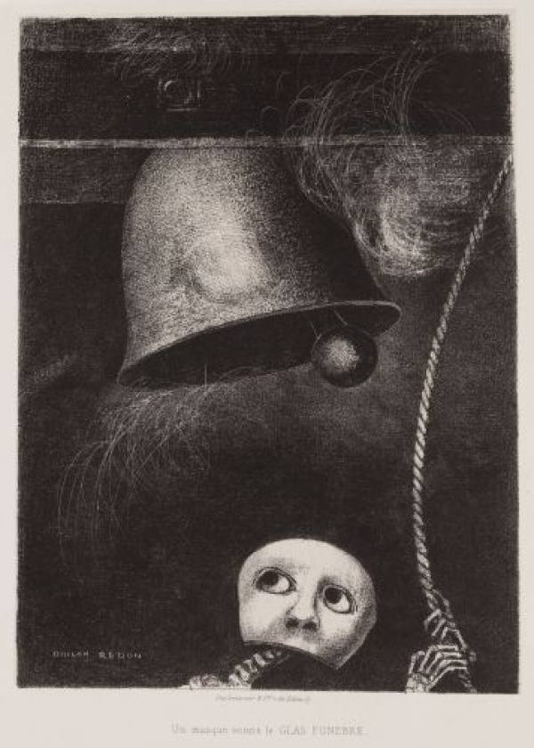 Odilon Redon, Maska zvonící umíráček, 3. list z cyklu À Edgar Poe, G. Fischbacher, Paříž, 1882