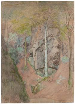Josef Mánes, Pískovcové skály se stromy na Hruboskalsku, 1867–1868, tužka, pero, tuš, akvarel