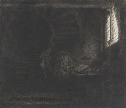 Rembrandt van Rijn, Sv. Jeroným v temné pracovně, 1642, lept, suchá jehla, mědiryt