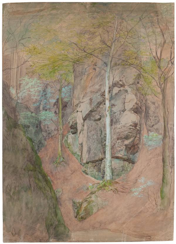 Josef Mánes, Sandstone Rocks with Trees near Hrubá Skála, 1867–1868, Pencil, pen, Indian ink, watercolour