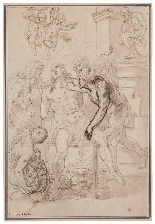 Karel Škréta, Martyrdom of St Lawrence, c. 1650, Pen and brush and brown ink, lead underdrawing