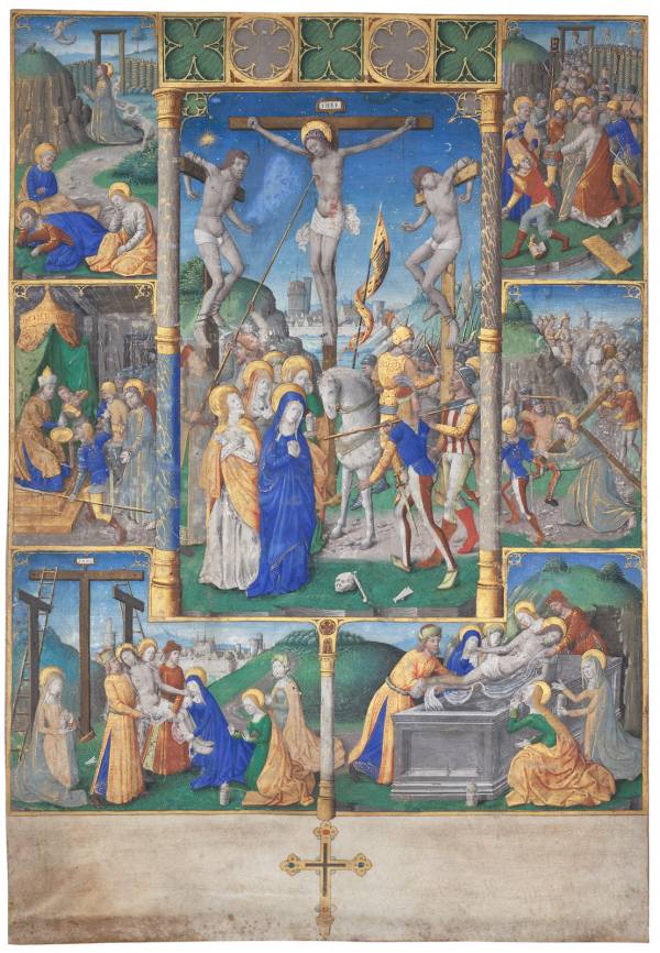 Master of Jacques de Besançon, Crucifixion with Six Stories from the Passion, Brush and body colours, gilded, vellum