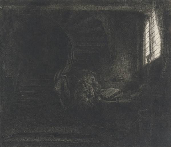 Rembrandt van Rijn, St Jerome in a Dark Chamber, 1642, Etching, drypoint, engraving