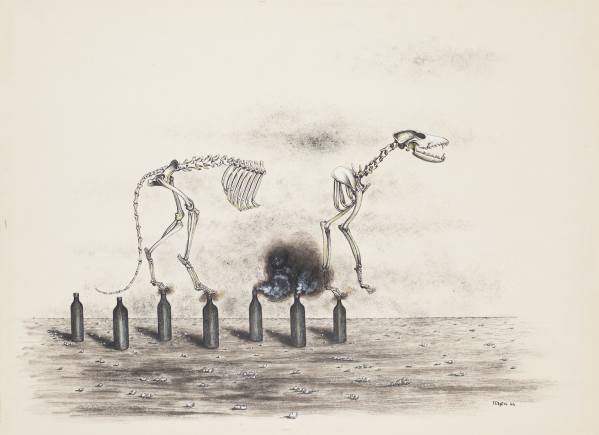 Toyen/Marie Čermínová, Drawing from the cycle Hide Away, War, 1944, Pen, Indian ink, watercolour, chalks