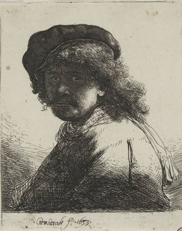 Rembrandt Harmensz. van Rijn, Autoportrét s baretem, šálou a zastíněnou tváří, 1633, NGP