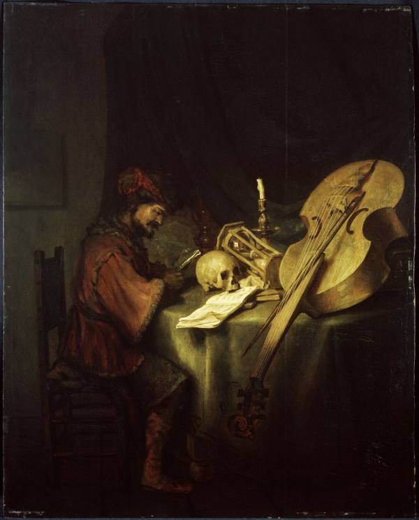 Karel van der Pluym, Čtoucí muž se symboly pomíjivosti, kolem 1650, Wallraf-Richartz-Museum & Fondation Corboud
