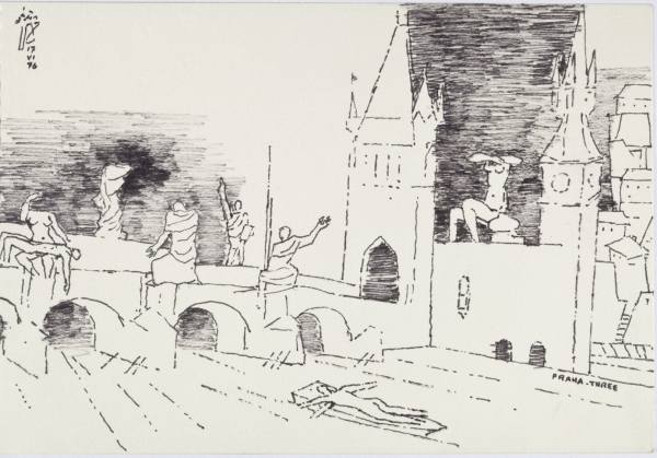 M. F. Husain, Praha – Three, 17. 6. 1976, list ze skicáře, inkoust na papíře, 15,5 x 23 cm, Národní galerie Praha