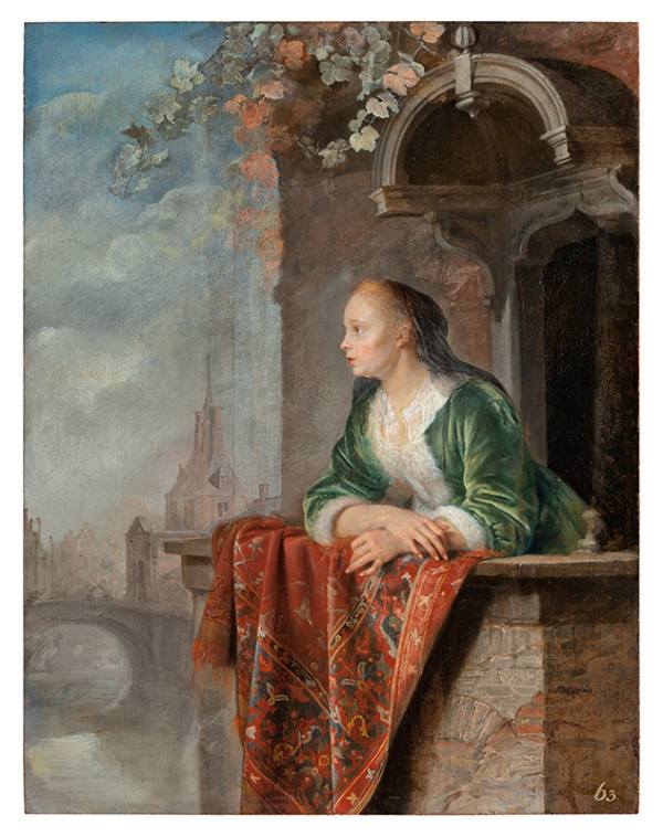 Gerrit Dou a dílna, Mladá dáma na balkoně, kolem 1664.