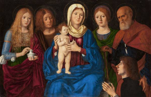 Pasqualino di Niccolo (zvaný Pasqualino Veneto), Svatá konverzace (P. Marie s Ježíškem, sv. Máří Magdalenou, sv. Janem Evangelistou, neznámou světicí, sv. Josefem (?) a donátorem), po 1502