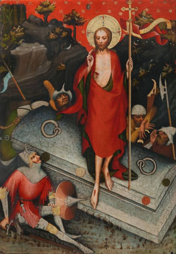 Mistr Třeboňského oltáře, Zmrtvýchvstání Krista/ Sv. Jakub Mladší, sv. Bartoloměj, sv. Filip, po 1380