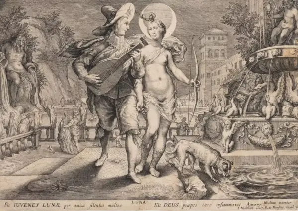 Diana jako bohyně měsíce a mladý muž hrající na loutnu, 1615, mědiryt