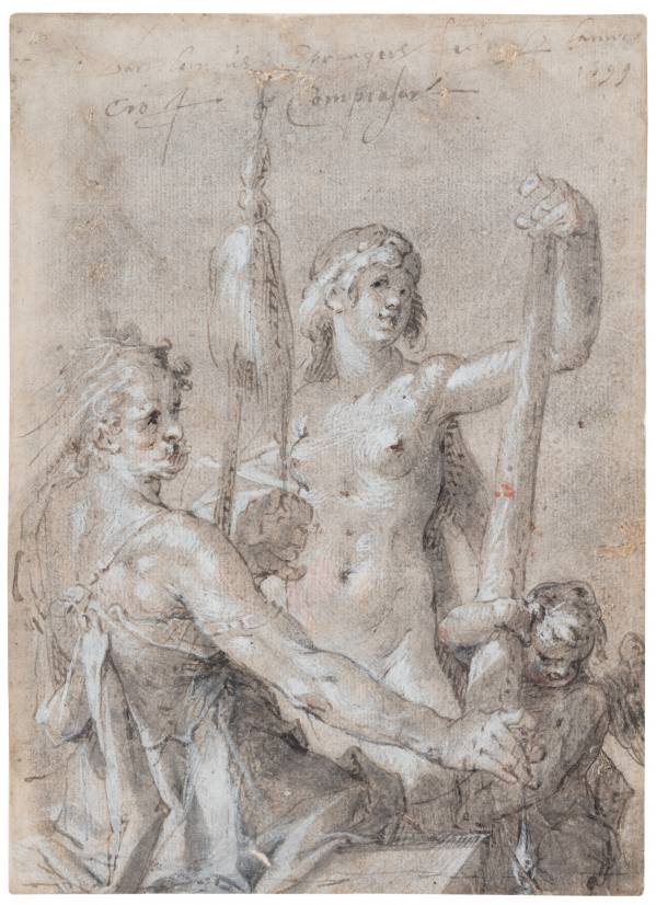 Bartholomeus Spranger, Heracles and Omphale, 1599, grey-brown brush washes, heightened with white