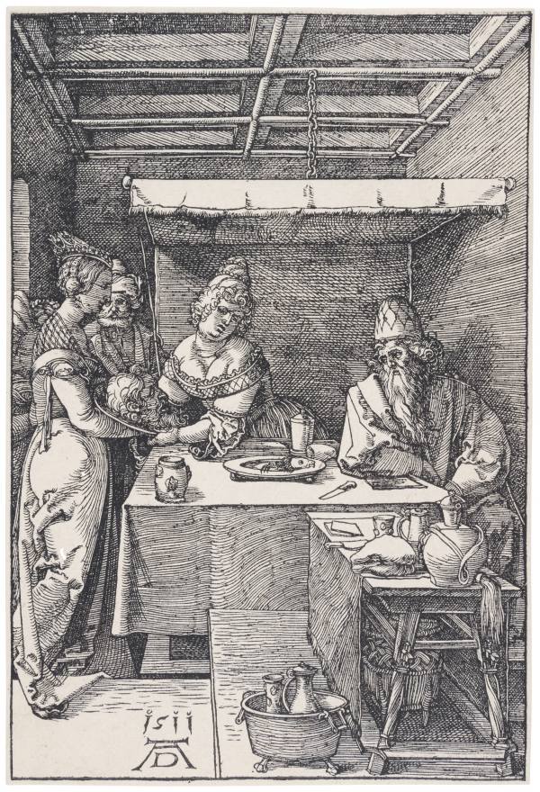 Albrecht Dürer, Herodes přijímá hlavu Jana Křtitele, 1511, dřevořez