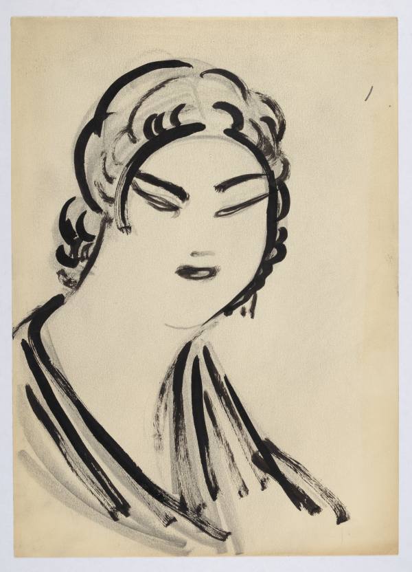 Hlava ženy (asiatské oči), kolem 1925, tužka, inkoust, štětec, papír, 354 × 254 mm.