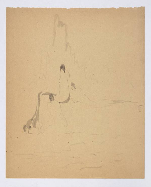 Studie tří žen v mytické krajině, kolem 1906–1910, tužka, inkoust, štětec, papír, 240 × 200 mm.