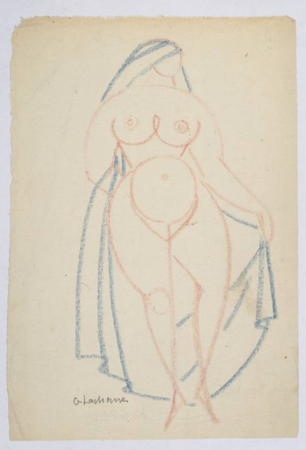 Woman, ca. 1918–1924, red and blue crayon on paper, 241 × 165 mm.