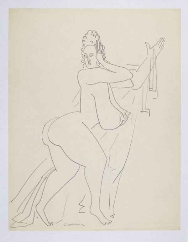 Burlesque Dancer with Headdress, Veil, Right Hand to Head, ca. 1932–1935, graphite on paper, 280 × 216 mm.