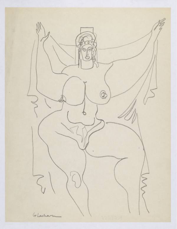 Burlesque Dancer with Headdress, Arms Upraised and Veil, ca. 1932–1935, graphite on paper, 280 × 216 mm.