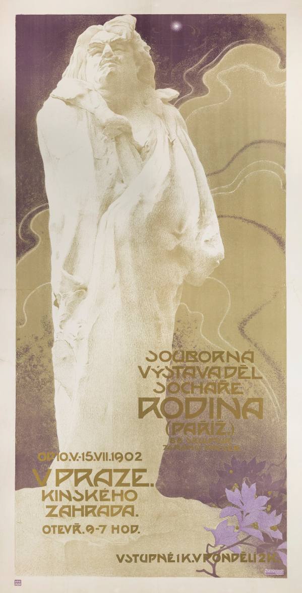 Plakát výstavy Souborná výstava sochaře Rodina, Praha, Pavilon pod Kinského zahradou, 1902.