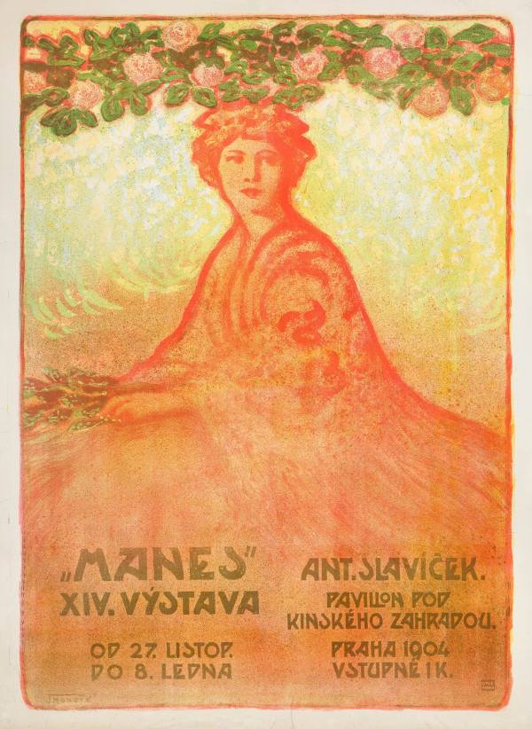 Plakát XIV. výstavy Spolku výtvarných umělců Mánes, Praha, Pavilon pod Kinského zahradou, 1904.