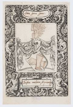 Theodor de Bry, Kartuše pro erb doplněná kresbou, 1592, mědiryt a perokresba