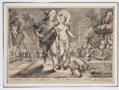 Jacob Matham podle Hendricka Goltzia, Diana jako bohyně Měsíce a mladý muž hrající na loutnu, 1615, mědiryt
