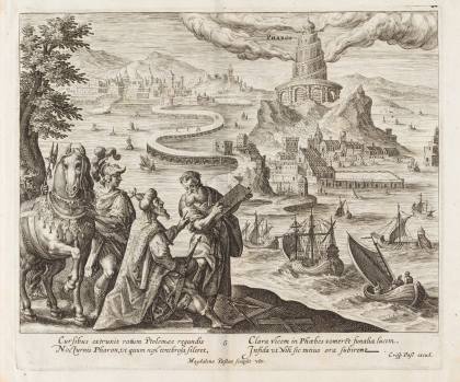 Magdalena de Passe podle Maartena de Vos, Maják na ostrově Faros, mědiryt, 1614, Sbírka Královské kanonie premonstrátů na Strahově