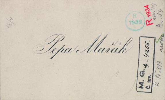 Visiting card of Pepa Mařáková, on the reverse: The caricature of the painter Helena Emingerová, Collection of Prints and Drawings of the NGP