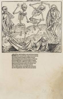 Michael Wolgemut, Wilhelm Pleydenwurff, Tanec kostlivců (Imago mortis) – ilustrace z knihy Liber chronicarum Hartmanna Schedela, 1593