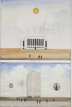 Saul Steinberg,
Western Projects, 1981, watercolour, colour pencils, rubber stamps, pencil, India ink, collage, embossed foil, paper, National Gallery in Prague