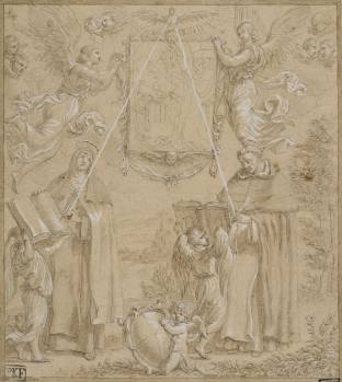 Karel Škréta the Elder, The Miraculous Image of Our Lady of Victory with St. Teresa of Avila and St. Thomas, 1671, pen and brush drawing, underdrawing in pencil, K 1989 