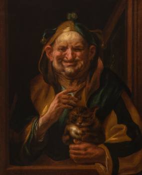Jacob Jordaens, Starý blázen s kočkou, nedatováno, olej na plátně
