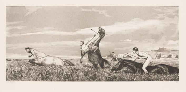 Max Klinger, Pronásledovaný kentaur, 3. list z cyklu Intermezzi (Opus IV), 1881, lept, papír, Národní galerie v Praze