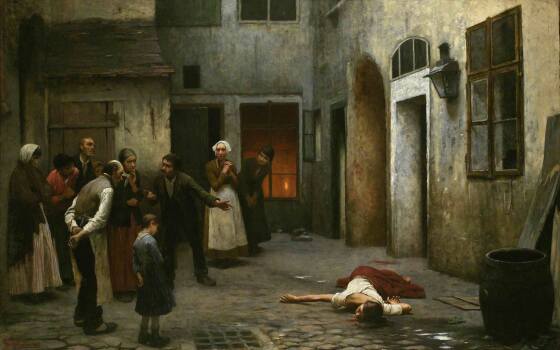 Jakub Schikaneder, Vražda v domě, 1890, olej, plátno, NGP