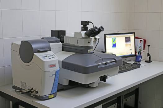 Disperzní Ramanův spektrometr v kombinaci s optickým mikroskopem Nicolet DXR, Thermo Scientific, excitační laser 532 a 780 nm, součástí je výsuvný objektiv pro analýzu přímo z povrchu zkoumaného díla a vláknová optika